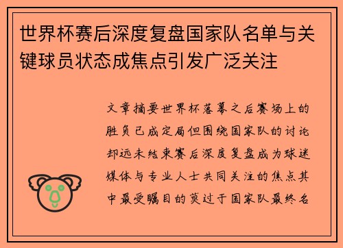 世界杯赛后深度复盘国家队名单与关键球员状态成焦点引发广泛关注