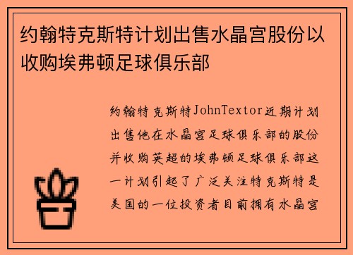 约翰特克斯特计划出售水晶宫股份以收购埃弗顿足球俱乐部 约翰特克斯特计划出售水晶宫股份以收购埃弗顿足球俱乐部